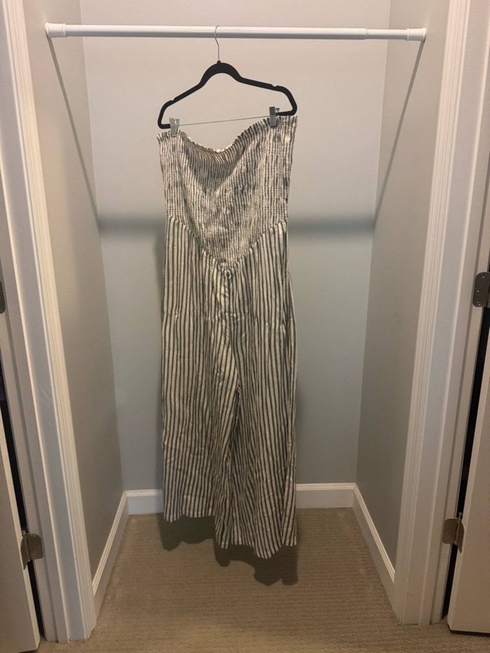 Striped Strapless Wide-Leg Jumpsuit in Cream and Navy